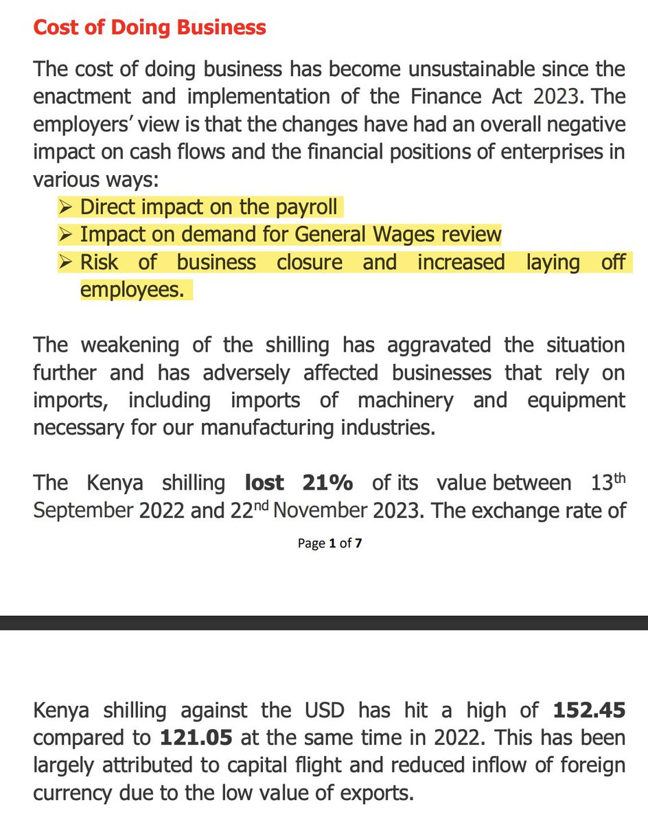 MwangoCapital's tweet photo. Federation of Kenyan Employers [@FKEKenya] issued a very press release today decrying the dire state of businesses in Kenya.

Here are a few key issues it raised

1. The cost of doing business in Kenya has risen to unsustainable levels since the Finance Act 2023 came into being: https://t.co/2HdPar7Bi7