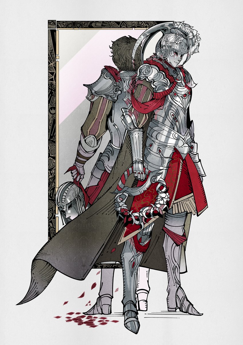 armor back-to-back helmet pauldrons shoulder armor holding weapon  illustration images