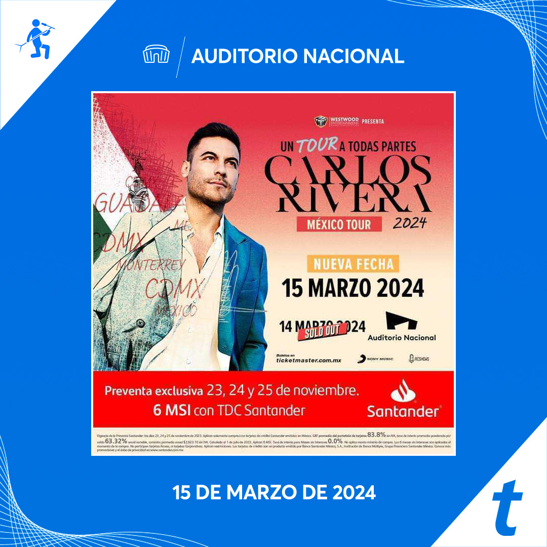 Ticketmaster_Me's tweet photo. 🤩 Nueva fecha para cantar junto a @_CarlosRivera sus más grandes éxitos en el @AuditorioMx ✨🎵

Aprovecha ahora la #SuperVenta @SantanderMx para comprar tus 🎟️🎟️ y ser parte de #UnTourATodasPartes 
https://t.co/qsxoI24iku https://t.co/0n02v73nMP