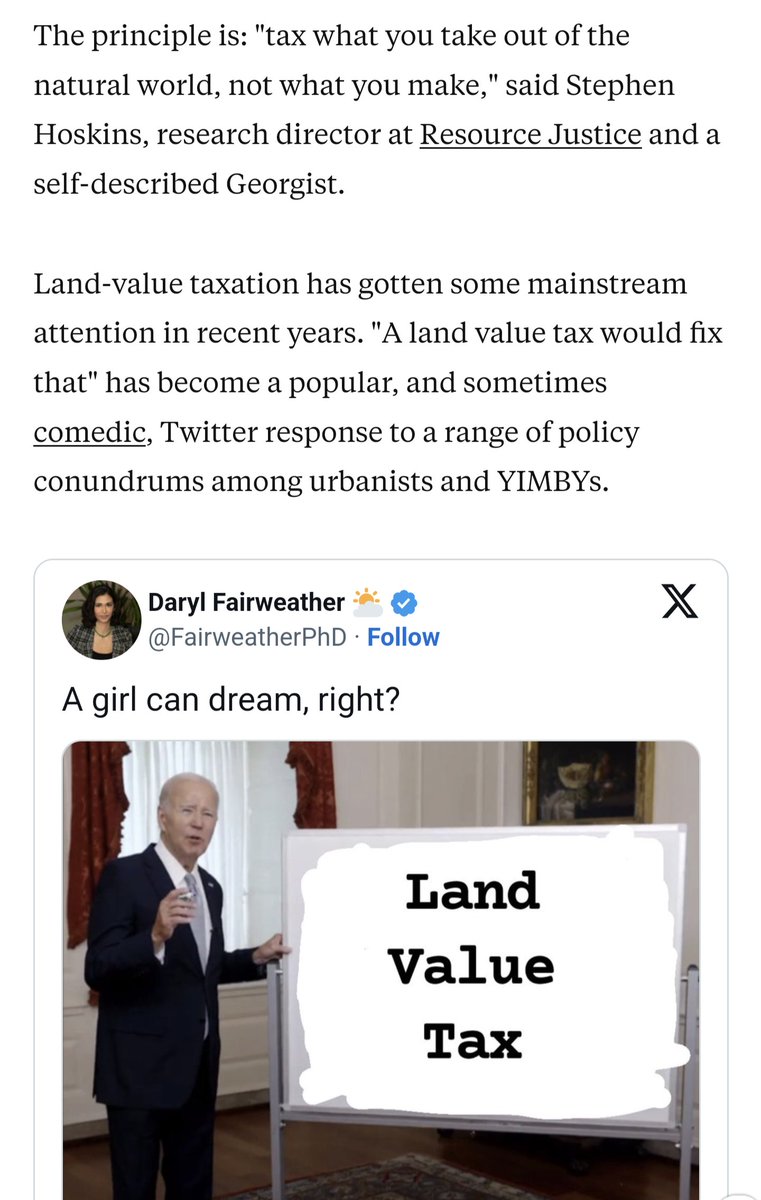 'The principle is: 'tax what you take out of the natural world, not what you make,' said [me].' Stoked to be quoted alongside @FairweatherPhD and @ShaneDPhillips in this brilliant piece on land value tax & a sprinkle of Georgism. Thanks to @eliza_relman for writing it!