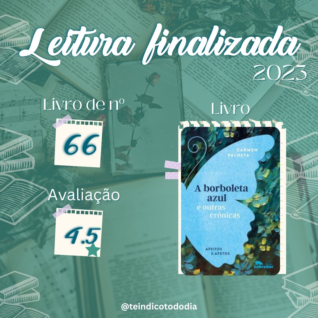<a href="/LePM_Editores/">L&PM Editores</a> <a href="/EditoraInVerso/">Editora InVerso</a> <a href="/intrinseca/">Intrínseca</a> <a href="/editora_inverso/">Editora Inverso</a> Livro n° 66
A borboleta Azul - Carmen Palheta
Editora: Labrador

Carmen escreve de forma magistral quase que mágica. Seu livro é cercado de contos reais com cenas e cenários que não nos são estranhos, comuns e conhecidos demais.

Resenha:instagram.com/p/CyeOrkmPfGl/…