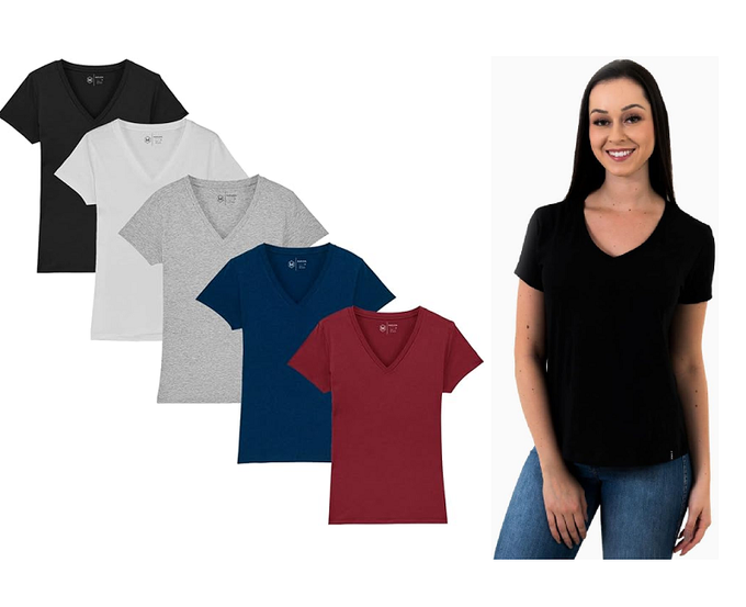 Kit 5 Camisetas Feminina Babylook Básica Algodão Gola V By Zaroc