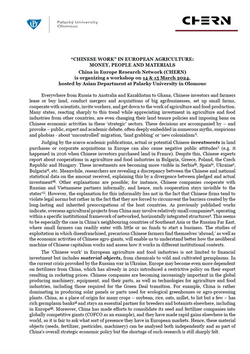 Lena__Kaufmann's tweet photo. CfP 🔥 Workshop “Chinese Work” in European Agriculture: Money, People and Materials 🔥 by Natalia Ryzhova for the China in Europe Research Network, 14-15/3/2024, Palacky University Olomouc. With contributions from Maggi W.H. Leung, Niall Duggan &amp; me. #China #Europe #ag #CHERN https://t.co/Wo5bChJvoZ