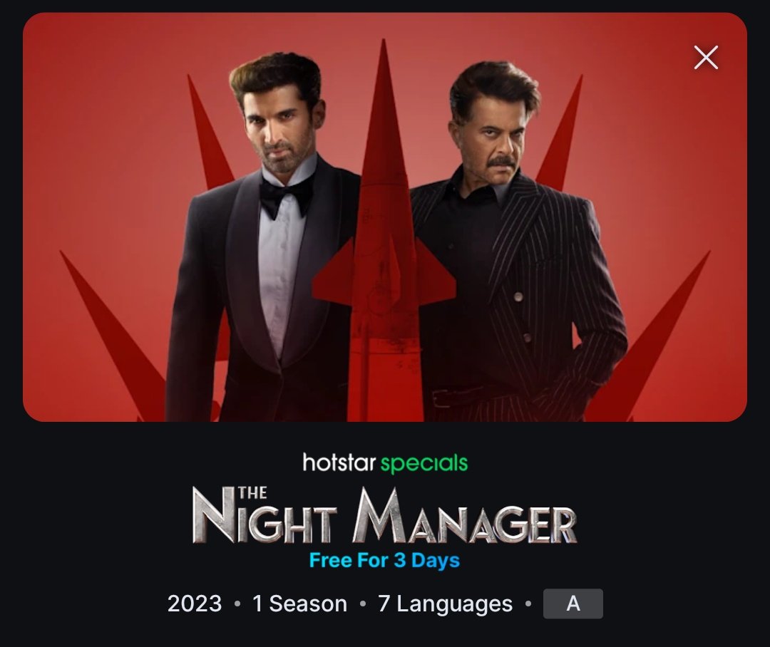 #TheNightManager S1 (2023), now streaming FREE for the next 3 days on @DisneyPlusHS. @sandeep_modi @ShridharR @AnilKapoor #AdityaRoyKapur @sobhitaD @TillotamaShome @SaswataTweets