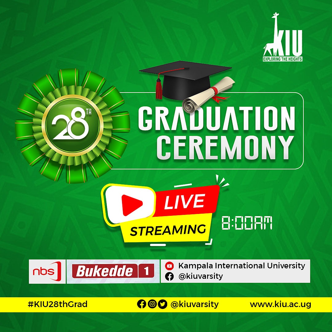 Join us live as we celebrate our wonderful students during the #KIU28thGrad ceremony

Tune in for LIVE coverage on:

*NBS Television
*Bukedde TV 1
*YouTube: Kampala International University (youtube.com/live/s7AVtqdC-…)