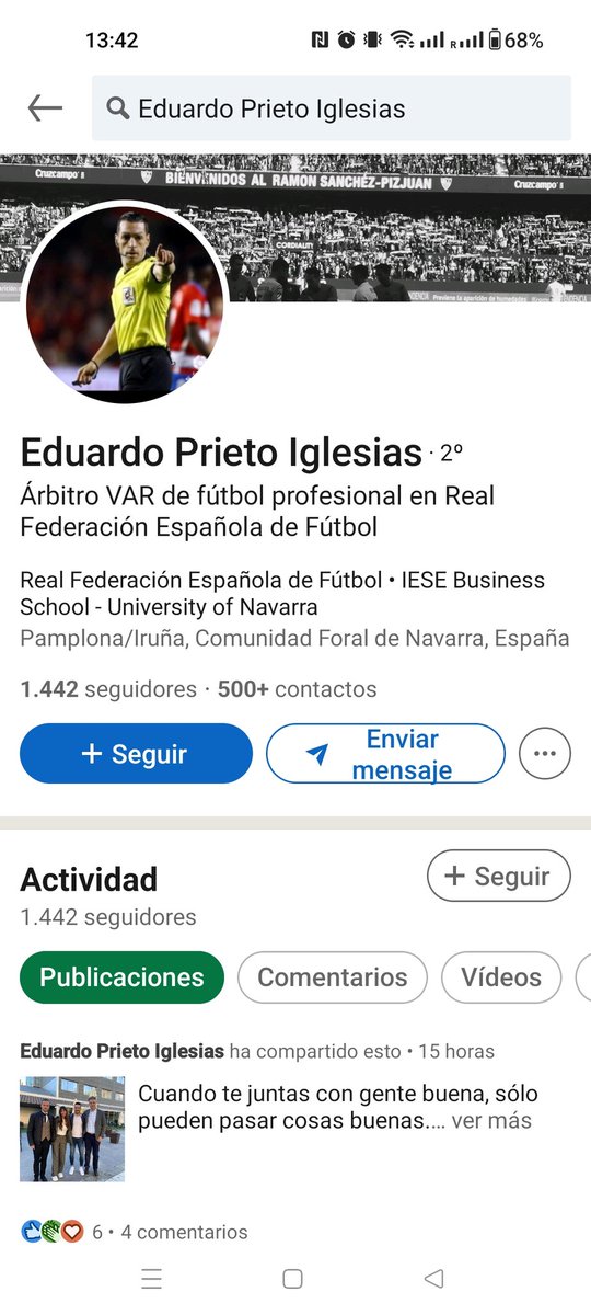 aleixlores's tweet photo. Que los árbitros son imparciales dicen. Perfil de Linkedin del especimen que estaba en el VAR en el Celta - Sevilla. Lo que pasó en el partido lo sabemos todos. La foto de cabecera lo dice todo. https://t.co/47hvLxVtIN