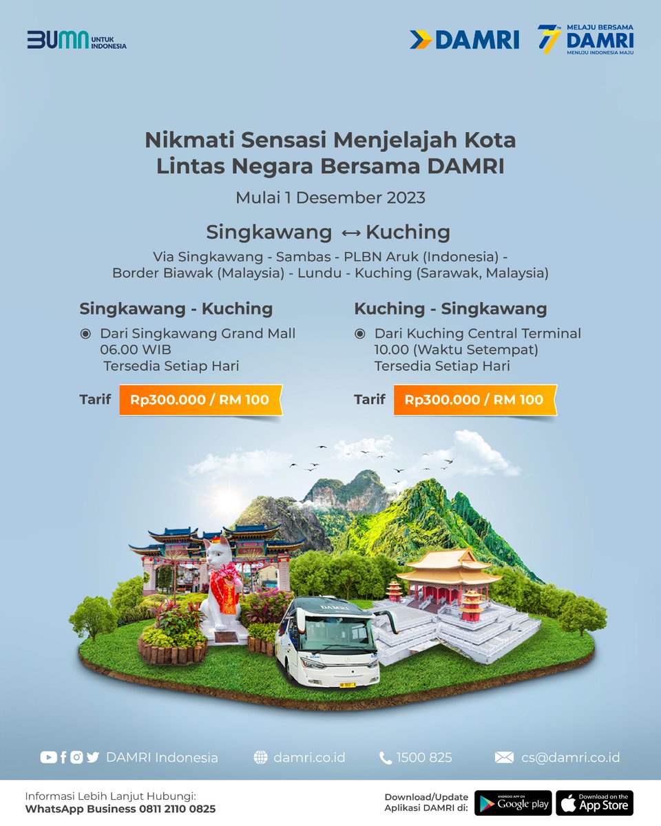 DamriIndonesia's tweet photo. Yuk, jalan-jalan ke #Malaysia naik DAMRI!

#SobatDAMRI Pontianak dan Sekitarnya Mindi punya kabar gembira nih 🙌🏻
Layanan Angkutan Lintas Batas Negara (ALBN) DAMRI buka rute baru loh, Mulai tanggal 01 Desember rute Singkawang - Kuching akan mulai beroperasi 😍 

#DAMRI #ALBN https://t.co/i0I3hU27t2