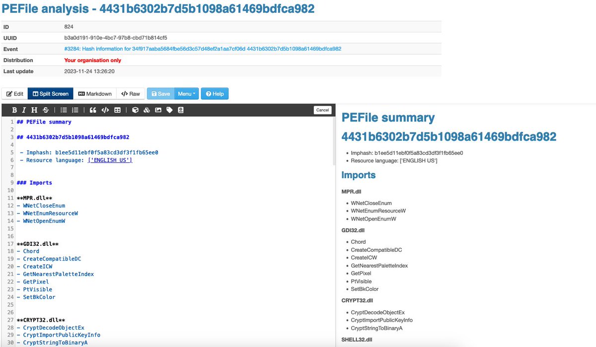 cudeso's tweet image. Concluding the series of @MISPProject playbooks for malware analysis, "Query hash information" helps discovering which malware is associated with a hash. You get a MISP report on the hash investigation, peinfo details and a summary is sent to Mattermost.  github.com/MISP/misp-play…