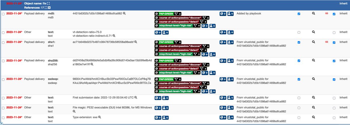 cudeso's tweet image. Concluding the series of @MISPProject playbooks for malware analysis, "Query hash information" helps discovering which malware is associated with a hash. You get a MISP report on the hash investigation, peinfo details and a summary is sent to Mattermost.  github.com/MISP/misp-play…