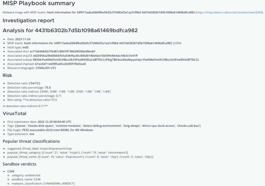 cudeso's tweet image. Concluding the series of @MISPProject playbooks for malware analysis, "Query hash information" helps discovering which malware is associated with a hash. You get a MISP report on the hash investigation, peinfo details and a summary is sent to Mattermost.  github.com/MISP/misp-play…