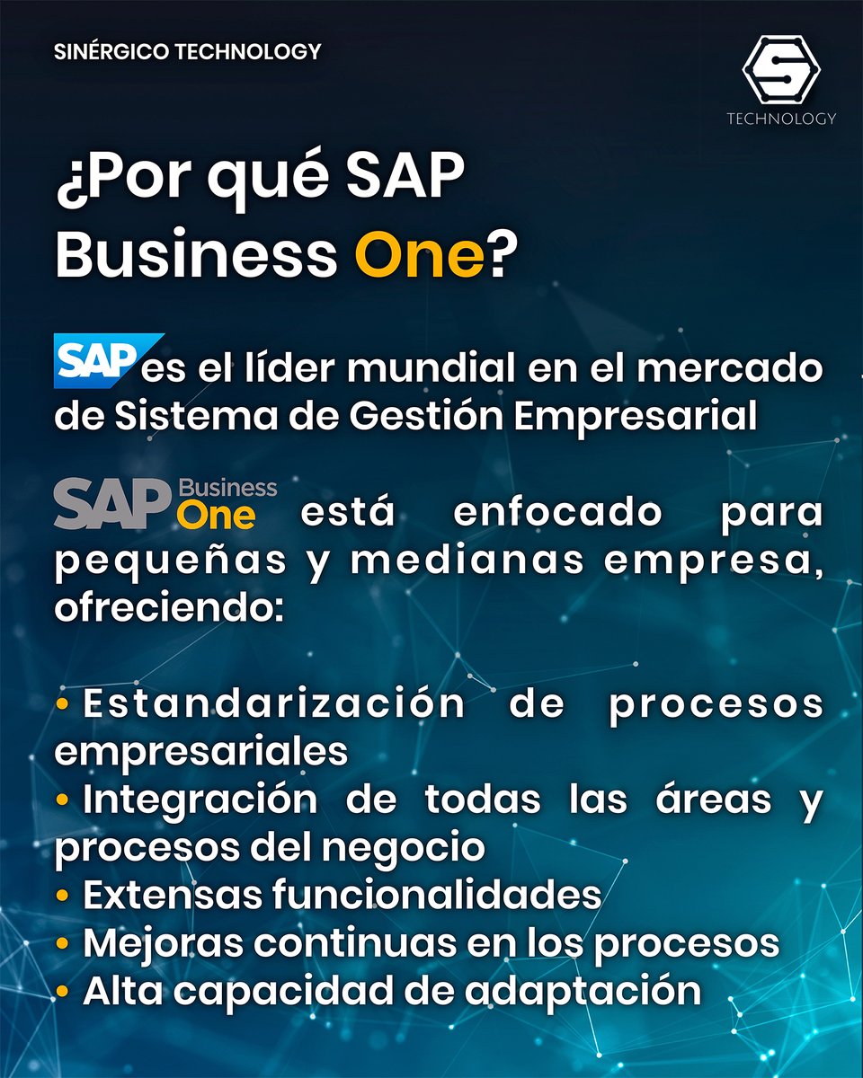 SinergicoTech's tweet photo. SAP Business One es un producto para pequeñas y medianas empresa que: 

Propone estándares de procesos empresariales; Integra todas las áreas y procesos del negocio; Dispone de una funcionalidad extensa; Desarrolla mejoras a los procesos; Posee gran capacidad de adaptación. https://t.co/5PJ5zHHfSr