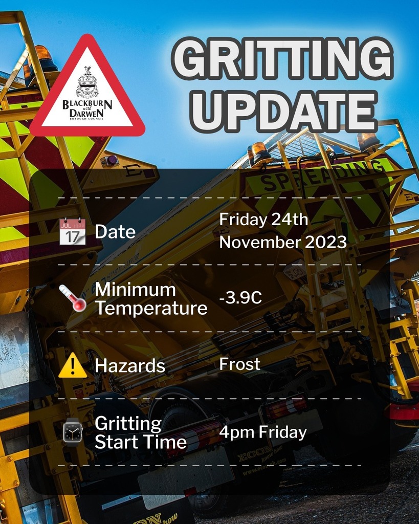 ❄️ Gritting Action for Friday 24th November 2023 ❄️ ⚠️ RSTs BELOW ZERO ⚠️ Next 24 hours; 🌡️ Minimum Temperature: -3.9C ⏱️ Sub Zero Period: 6pm Friday - 10am Saturday ⚠️ Hazards: Frost 🕒 Gritting Start Time: 4pm Friday 🌨 Snow Summary: None ☁️ Fore… ift.tt/K3FQ8sd