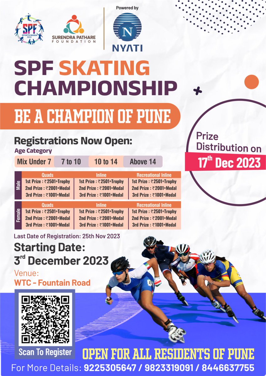 ⛸️ Roll into thrill! SPF Sports Mania 2023 Skating Tournament at WTC-Fountain Road, Dec 3rd. Lace up, glide, spin, and make the rink your stage. Be part of the SPF Sports Mania Skating Showdown! 🌟 <a href="/aaplasurendra/">Surendra Pathare</a>
Register Now: rb.gy/irdvq3
#SPFsport #SPFSportMania2023