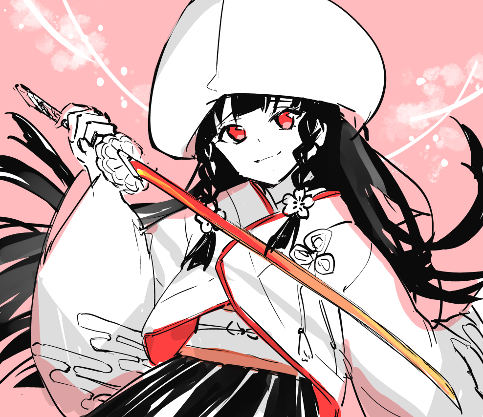 1girl sword weapon solo red eyes japanese clothes long hair  illustration images