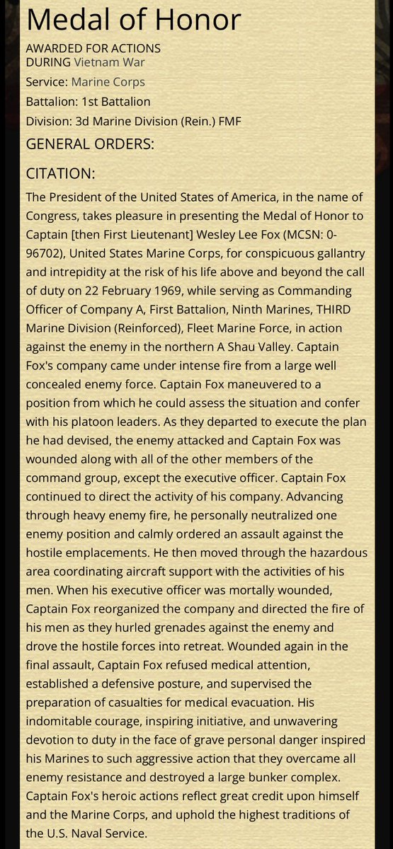 44MagnumBlue1's tweet image. United States Marine Corps Colonel Wesley Lee Fox

September 30, 1931 - November 24, 2017

Medal of Honor