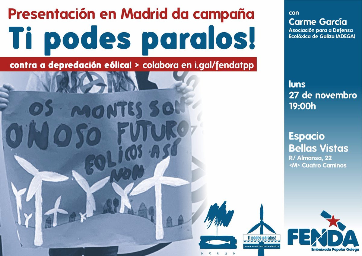 Estamos a cooperar con <a href="/ADEGAgz/">ADEGA - Agora no @adegagz.bsky.social</a> coa campaña para frear os eólicos na Galiza #TiPodesParalos  retotpp.heroes.help/campaigns/Fenda. O próximo luns 27 presentamos a campaña xunto coa responsable Carmen García, no Espacio Bellas Vistas, ás 19 horas. Toda a info no cartaz. Animádevos a vir!