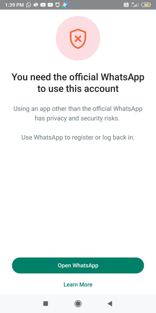 Even after using normal WhatsApp,after logging into WhatsApp the problem of you need the official WhatsApp to use this account is still there, please solve this problem as soon as possible 
 My mobile number +918759864800