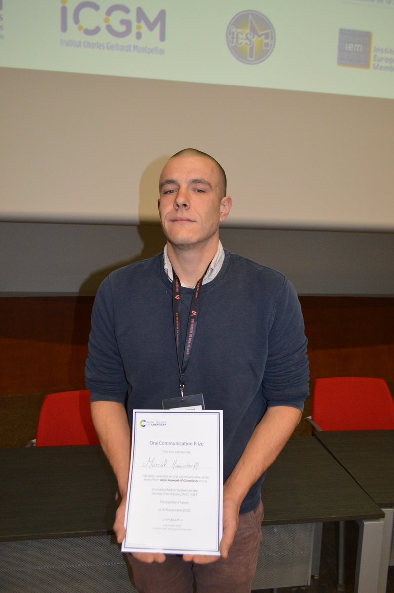 👏👏Congratulations @HausdorffMarcel for being awarded the Oral Communication Prize from New Journal of Chemistry @RoySocChem at the 13th JMJC @VasseurJeanJacq @DebartFrancoise @IBMM_Balard @umontpellier