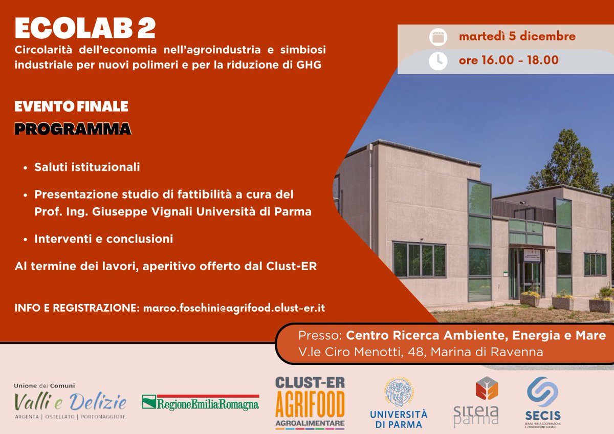 ⚠Evento in programma per il 5 dicembre a Marina di Ravenna, con la presentazione di uno studio di fattibilità di un impianto di valorizzazione sottoprodotti agricoli. 

#circolarità #agroindustria #industria