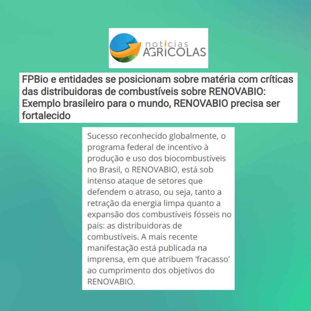 Fpbiodiesel's tweet photo. A imprensa repercute posicionamento da #FPBio a favor do fortalecimento do Renovabio e contra os setores que criticam essa política nacional de expansão dos #biocombustíveis. https://t.co/SZb8t2Ekkh