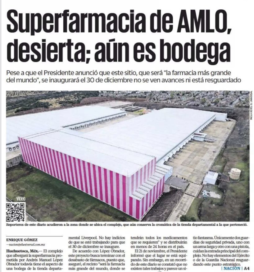 EmilioAlvarezI's tweet photo. La botica más grande del mundo que echará a andar el segundo mandatario más popular del
mundo… es una bodega vacía. 

Una botica que ningún país del primer mundo tiene. 

Ni Dinamarca 🇩🇰, y que solo existe en la cabeza presidencial y su corte de cuarta, que dice que sí a todos sus fantasiosos proyectos. 

El 30 de diciembre cortarán listón a un bodegón con anaqueles vacíos. O al estilo de la 4ta (como la ayuda a damnificados) con cajas vacías. 
@El_Universal_Mx
