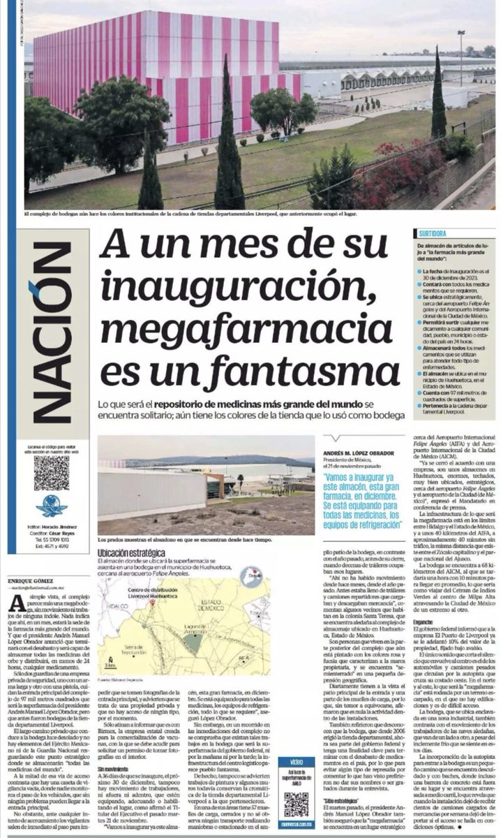EmilioAlvarezI's tweet photo. La botica más grande del mundo que echará a andar el segundo mandatario más popular del
mundo… es una bodega vacía. 

Una botica que ningún país del primer mundo tiene. 

Ni Dinamarca 🇩🇰, y que solo existe en la cabeza presidencial y su corte de cuarta, que dice que sí a todos sus fantasiosos proyectos. 

El 30 de diciembre cortarán listón a un bodegón con anaqueles vacíos. O al estilo de la 4ta (como la ayuda a damnificados) con cajas vacías. 
@El_Universal_Mx