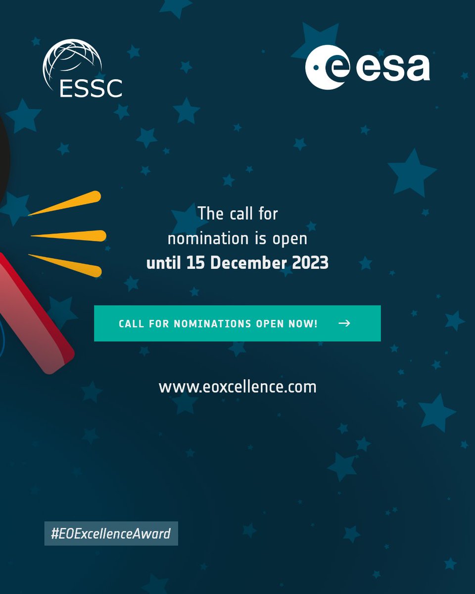 Who's your nominee? We are looking for the best of the best. We are looking for excellence. The #EO Excellence Award recognises and celebrates innovation and outstanding contributions in the field of #EarthObservation. Call for nomination is open until 15 December ⤵️ 🔗…