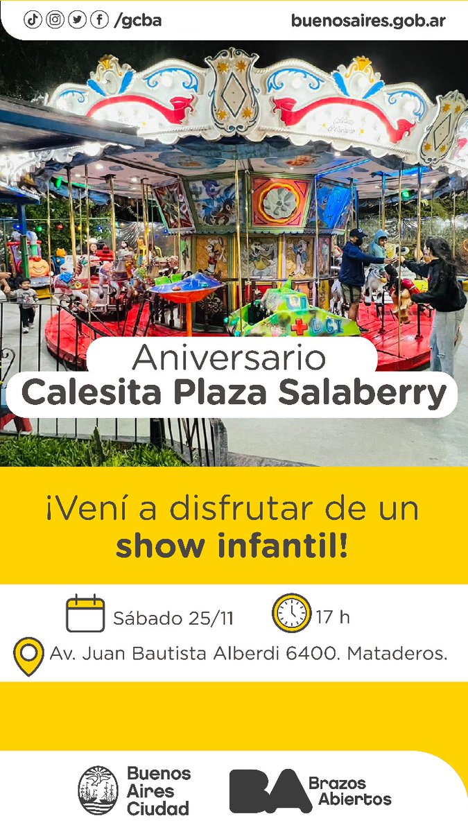 ANIVERSARIO DE LA CALESITA DE PLAZA SALABERRY 🎠

Acercate mañana desde las 17 h para compartir la tarde en familia y disfrutar de un show infantil! 🥳

📍 Av. Juan Bautista Alberdi 6400, Mataderos.