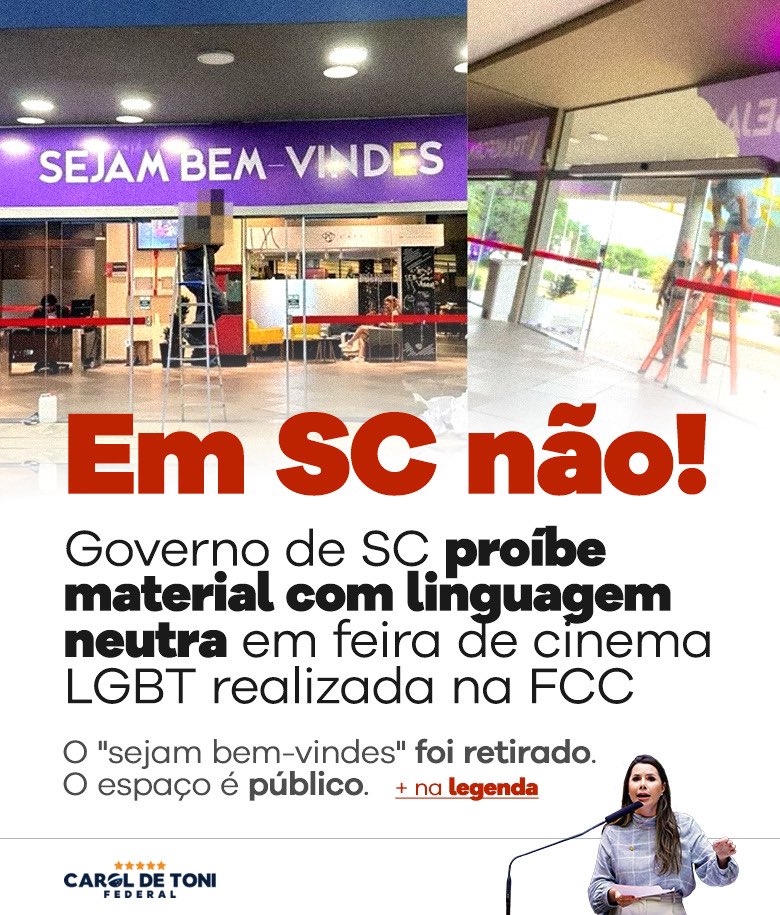 CarolDeToni's tweet photo. Aqui em SC a linguagem neutra não tem vez. Na quarta-feira (22), a Fundação Catarinense de Cultura – FCC ordenou a retirada do banner escrito “Sejam bem-vindes”, na fachada do Centro Integrado de Cultura, à vista de toda a Avenida Beira-Mar Norte, em Florianópolis. 
⤵️ https://t.co/EqA51F7xEz