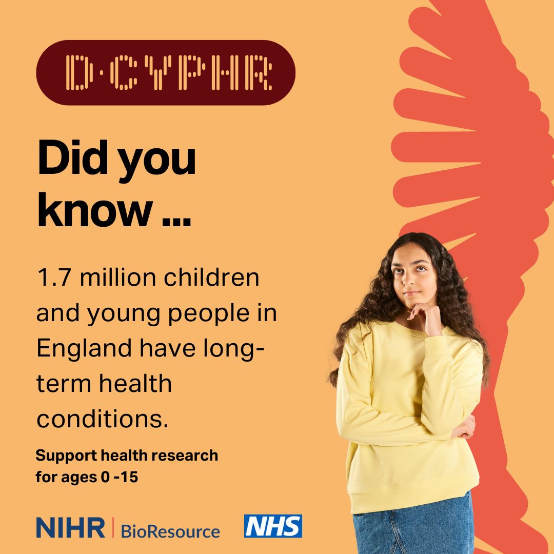 Did you know …
1.7 million children and young people in England have long-term health conditions.

Support health research for ages 0 -15
Learn more about D-CYPHR:
qrco.de/dcyphr
#DCYPHR #BioResource #NIHR