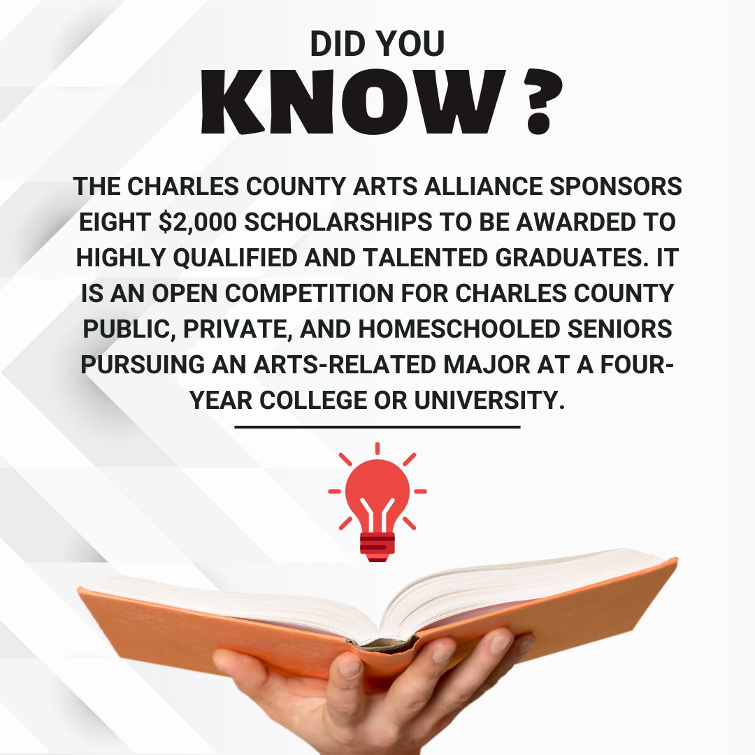 Fun Fact Friday! We hope you all had a wonderful Thanksgiving! Our fun fact for this week is all about college education. Did you know that our scholarship program is currently accepting applications? Visit our website to learn how to apply! charlescountyarts.org/program/schola…