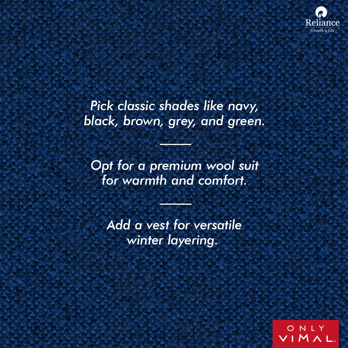 OnlyVimal_India's tweet photo. As winter sets in, stay warm and effortlessly stylish with Only Vimal's fabric collections. 
#Reliance #RelianceIndustries #OnlyVimal
#SuitingTips #WinterTip https://t.co/1Rfzg7hOeu