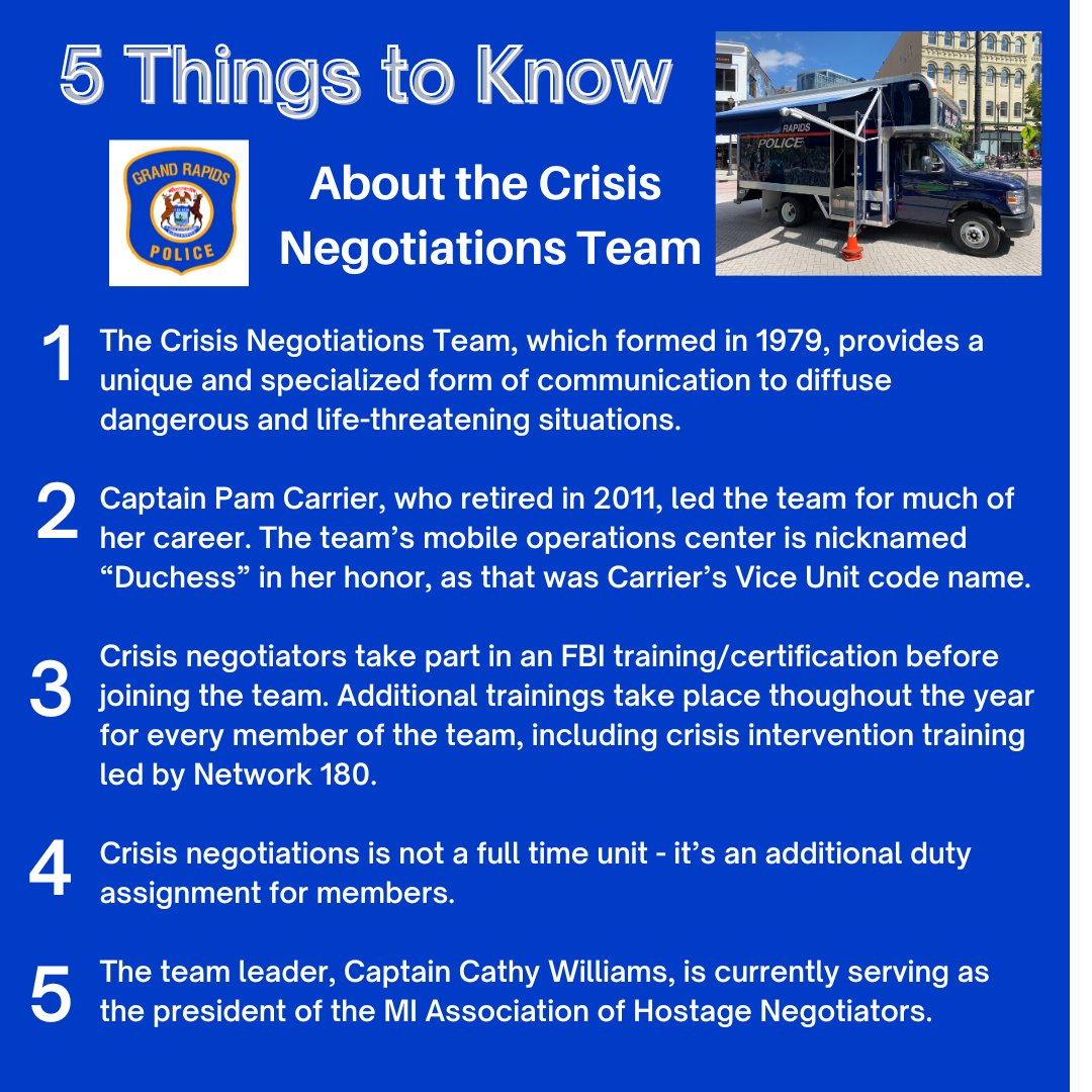 GrandRapidsPD's tweet photo. Our Crisis Negotiations Team responds to critical incidents including barricaded subjects, threats of suicide, and hostage situations among others. Learn more about their role in this week's #5ThingsFriday. https://t.co/GUj7kYN8vt
