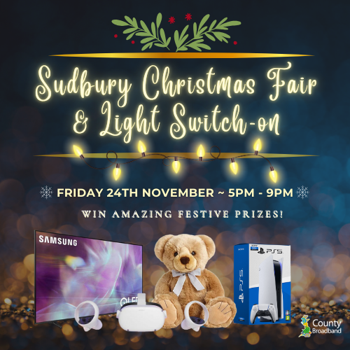 Join us under the magical glow of Sudbury Christmas Fair &amp; Light Switch-on on Friday, 24th November🎄✨

Visit us on North Street between 5pm and 9pm for a chance to win amazing prizes🎁

🌟Make your Christmas unforgettable with us!
#SudburyLights #ChristmasMagic #CountyBroadband