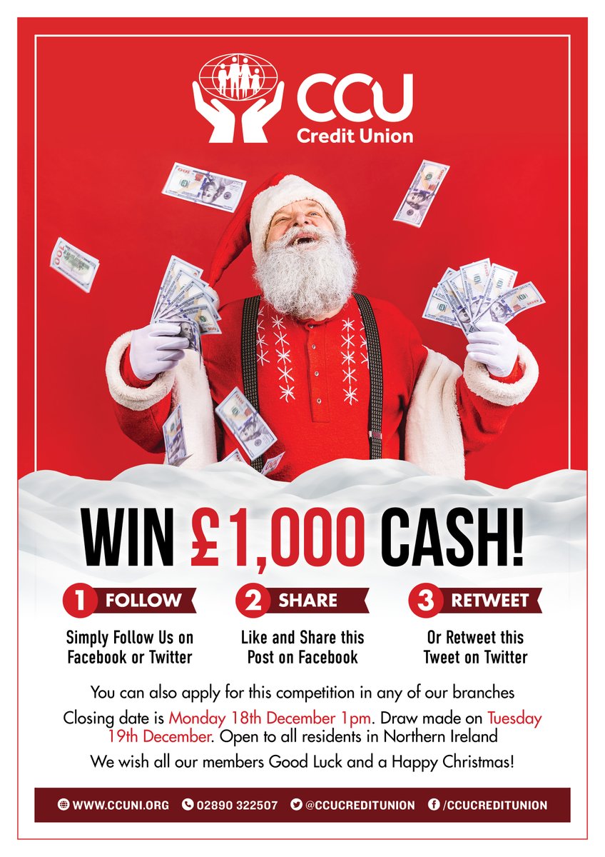 CCUCreditUnion's tweet photo. 🌲CCU Credit Union Christmas Competition!🎅
 
WIN £1,000 CASH!!!
 
To Enter:
Follow CCU Credit Union on X and Like and Repost this tweet!
 
Good luck!!! https://t.co/LruR2umwyW