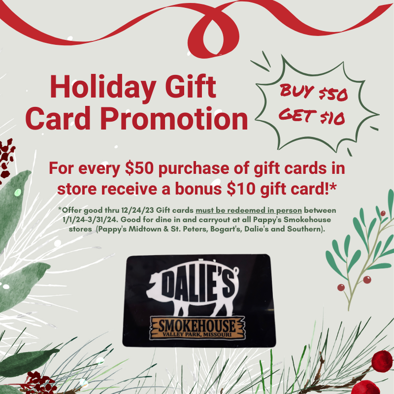 Our Holiday Gift Card Bonus Program is back by popular demand! 🎁🙌 For every $50 you purchase in gift cards through 12/24/23, receive a $10 bonus card to be redeemed 1/1/24-3/31/24. #daliessmokehouse #giftcard #holiday #bbqgifts #shoplocal #eatlocal