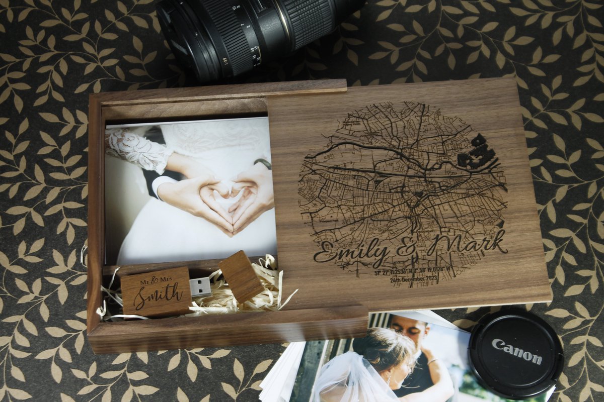 Personalised Walnut Wooden presentation box photo album for 6x4 prints photos + usb stick detailed street map engraved 32GB First home gift etsy.me/3QV9cFd via <a href="/Etsy/">Etsy</a> #roadmap #personalisedgift