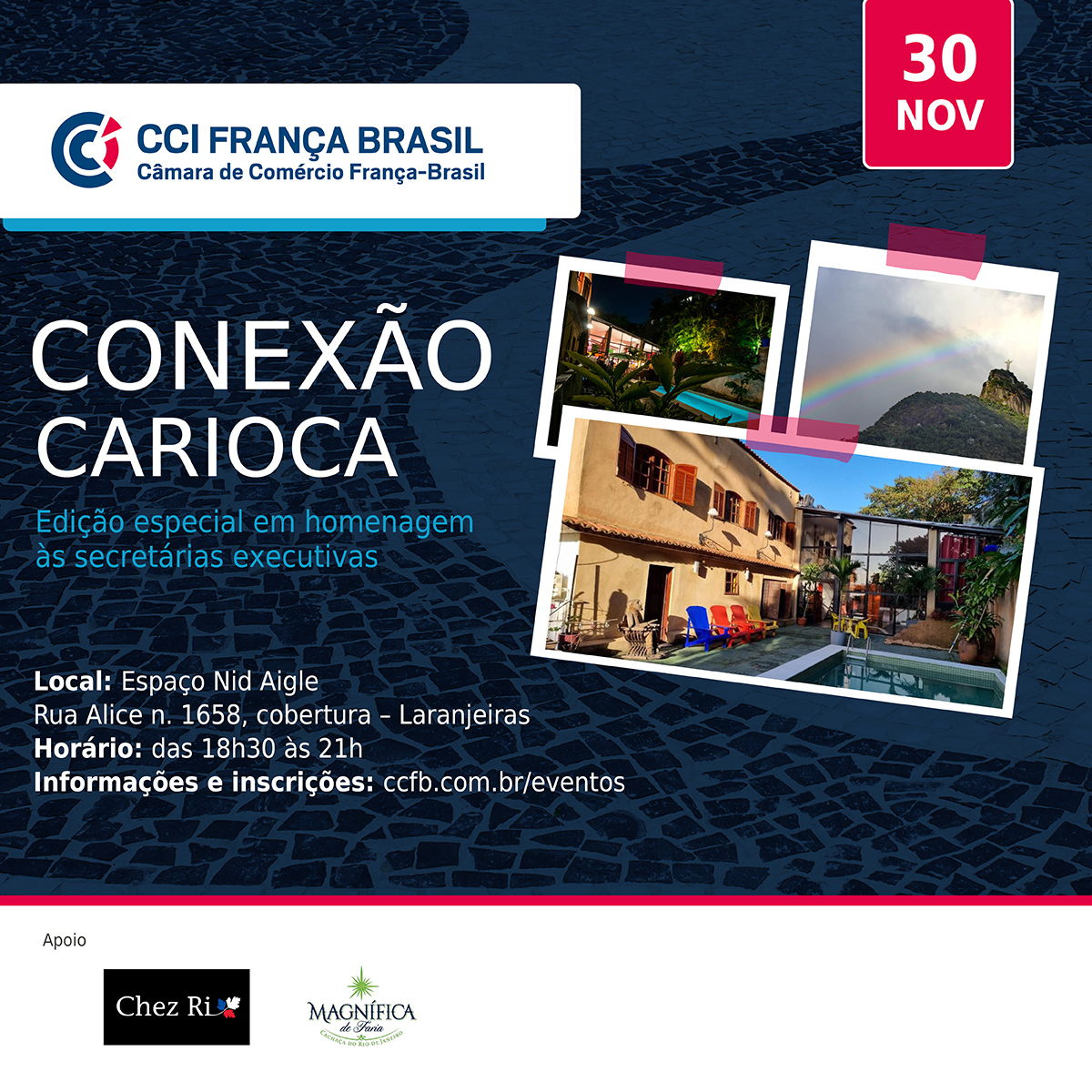 CCIFBRJ's tweet photo. Convidamos membros e parceiros para o Conexão Carioca, edição especial em homenagem às secretárias executivas. 🥂✨

Nosso encontro de networking será no Espaço Nid Aigle – 📍 Rua Alice n. 1658, cobertura – Laranjeiras.

Participe!
 
#ccifb #ccifbrj #riodejaneiro #FrançaBrasil https://t.co/Rd8GF4k3kY