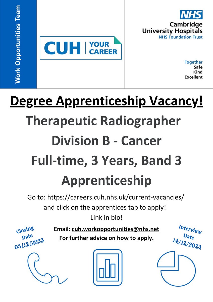 The image shows an advert for a Degree Apprenticeship Vacancy. More information and application can be found at careers.cuh.nhs.uk/current-vacanc… or follow the links on link-tree in our bio.