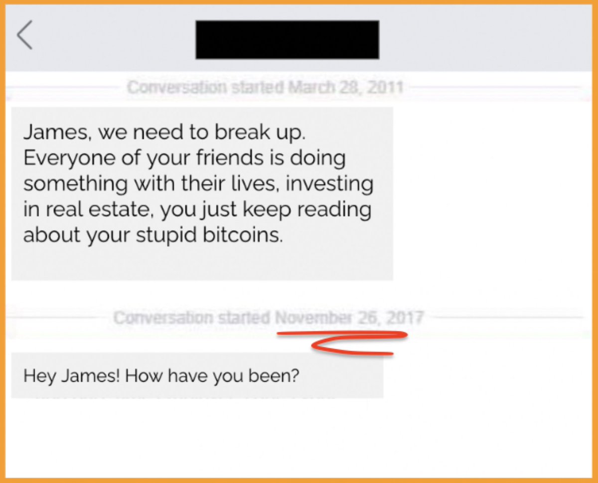 pete_rizzo_'s tweet photo. ✨ Exactly 6 years ago, ex-girlfriend sends one of the greatest regret texts of all time

#Bitcoin price: $0.80 https://t.co/5BbG8fPol9