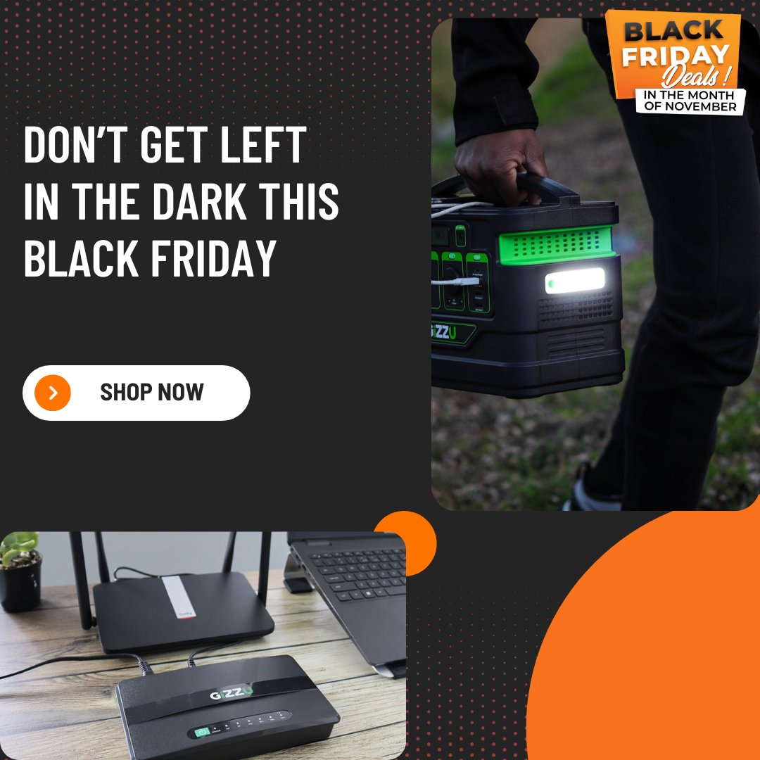 TBFurnishers's tweet image. Don’t get left in the dark this Black Friday💡
Keep your home Wi-Fi &amp;amp; internet on for up to 6hrs with the Gizzu 60W Mini UPS or Invest in a portable power system to power your various household appliances with the Gizzu 518W Portable Power Station.
Shop link in Bio
#powersolution