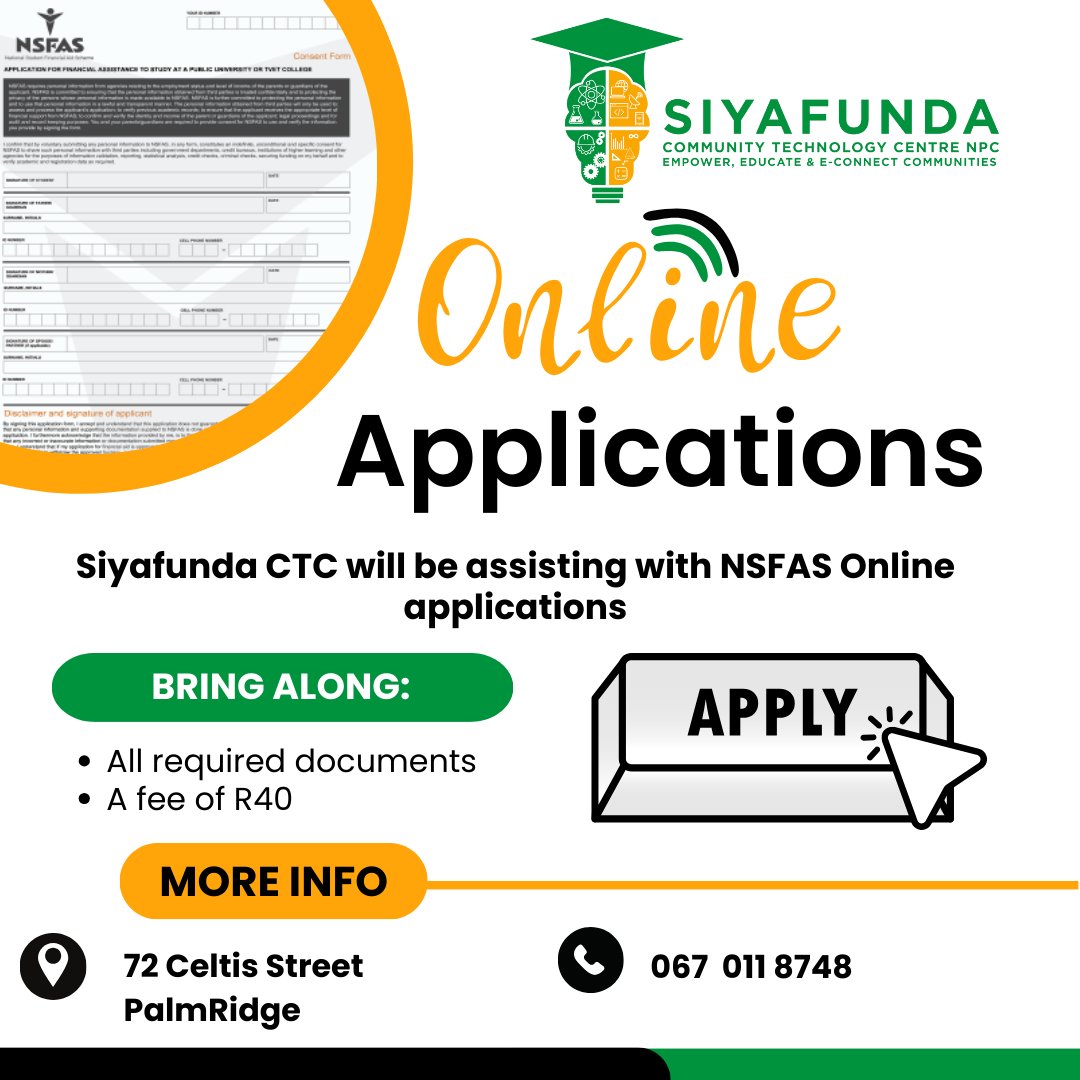 SIYAFUNDA CTC (@siyafunda_ctc) on Twitter photo 🌟✨ Let us guide you through the maze of online applications. 💼📝 Our team is here to provide step-by-step assistance, ensuring your applications shine every time. 🌟🚀
<a href="/Siyafundactc/">Ahmed Ismael Smiley 🇿🇦</a>
#SiyafundaCTC
#OnlineApplications
#CareerAssistance
#NSFAS 🌟✨ Let us guide you through the maze of online applications. 💼📝 Our team is here to provide step-by-step assistance, ensuring your applications shine every time. 🌟🚀
<a href="/Siyafundactc/">Ahmed Ismael Smiley 🇿🇦</a>
#SiyafundaCTC
#OnlineApplications
#CareerAssistance
#NSFAS