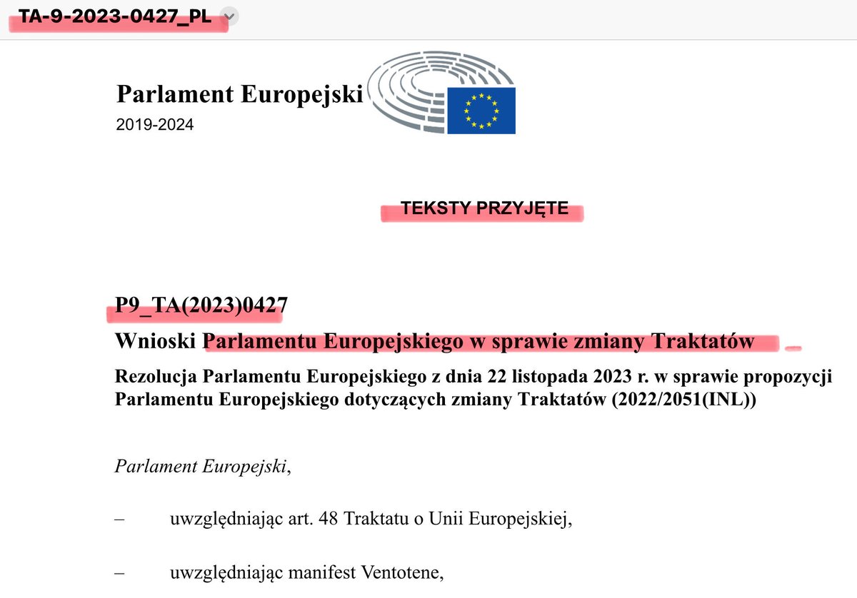 ZMIANY TRAKTATÓW UE Skonsolidowany polski tekst 2 dokumentów przyjętych przez PE: > Raportu [właściwy dokument, zmiany poszczególnych artykułów obu Traktatów, TUE i TFUE] > Rezolucji [ogólny wstęp] przyjętych przez Parlament Europejski 22 XI 2023 do pobrania ze strony PE >…