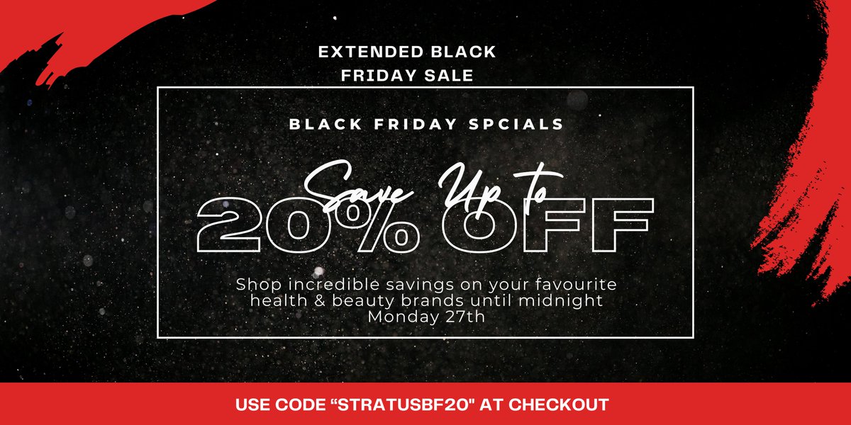 Huge savings online. Our Black Friday Sale has been extended until Monday. Head over to stratuspharmacy.ie and enter code STRATUSBF20 at the checkout to save on all of your favourite health and beauty brands.
Free Home Delivery on online orders over €49
T's &amp; C's apply