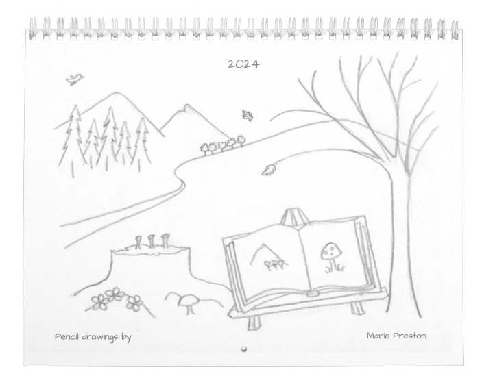 mariewpreston's tweet photo. In a hard year, I share joyful illustrations. My 2024 calendar is simple pencil drawings I loved creating (inspired by Stefan Große Halbuer's Plastober 2021 prompts). Imagine me at desk, playfully putting to paper what my brain was envisioning. Grab your own: Website in bio. https://t.co/lG3t7XalYP