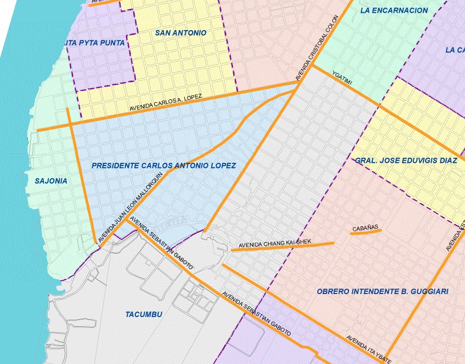 Un dato que ustedes quizás no sabían. El colegio Cristo Rey está en el barrio Tacumbú. El palacio de Justicia en el Barrio San Antonio. Sajonia no comienza en Colón. El parque C.A. López está en el barrio Dr Francia