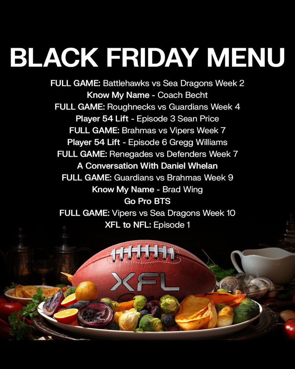 Today’s menu: S A L E. 60% off sitewide on XFL.com and some heaters streaming on YouTube. You’re welcome. Enjoy 😋 #BlackFriday | #XFL