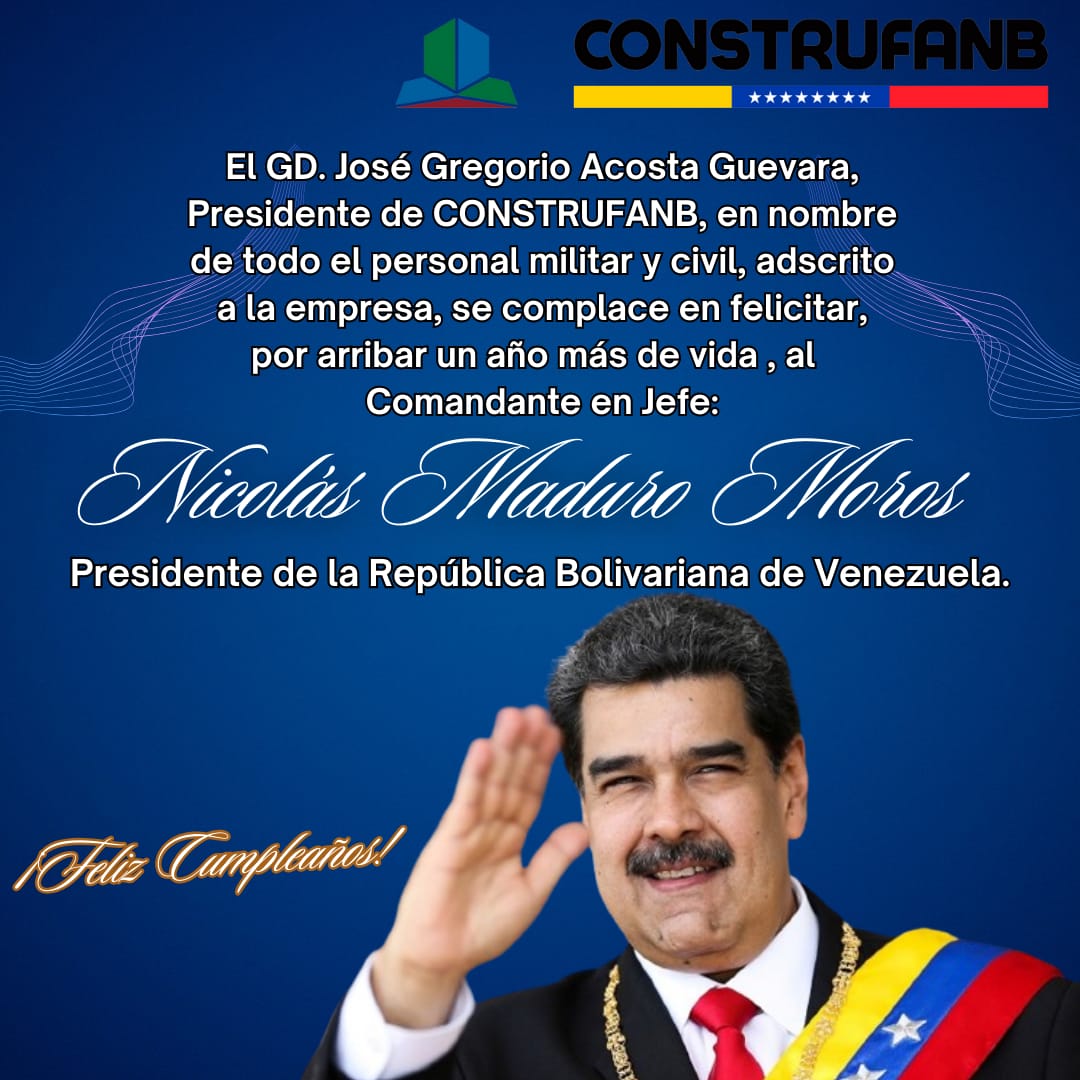 construfanb1's tweet photo. La Gran familia CONSTRUFANB, se complace en felicitar a Nuestro Presidente de la República Bolivariana de Venezuela, Nicolás Maduro Moros, por arriba un año más de vida. Que Dios siga bendiciendo su camino en esta tierra de héroes y libertadores.

¡Venceremos!

#ConstruFANB https://t.co/iY9kX86A1V