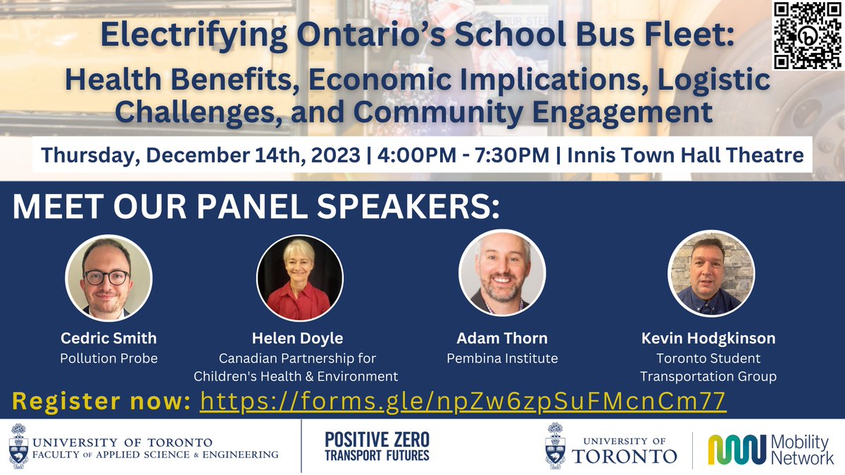 Meet our amazing panel speakers for Electrifying Ontario's School Bus Fleet! Register now to secure your spot for Thursday, December 14th, at the University of Toronto: lnkd.in/g9qdHNEy
Hear about exciting work from Pollution Probe, CPCHE, Pembina Institute &amp; the TSTG