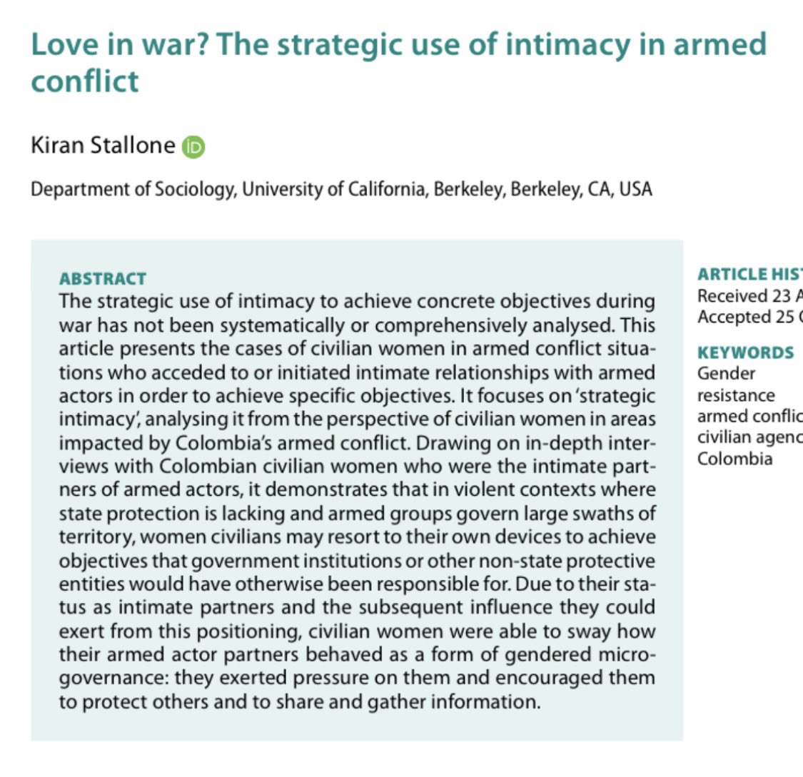 📘📚The first article from my dissertation is now available Open Access via the link below. The article examines how women in armed conflict scenarios strategically use intimacy to achieve individual and community-level objectives. Please read and share if you find it useful ☺️